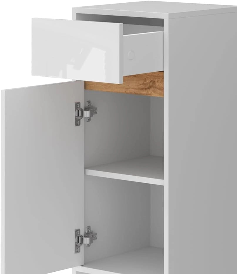 Mobiletto midi Detmold, Bianco lucido/oro power oak, 35 x 82 cm con anta e cassetto, adatto per montaggio a parete e combinabile con la serie Detmold