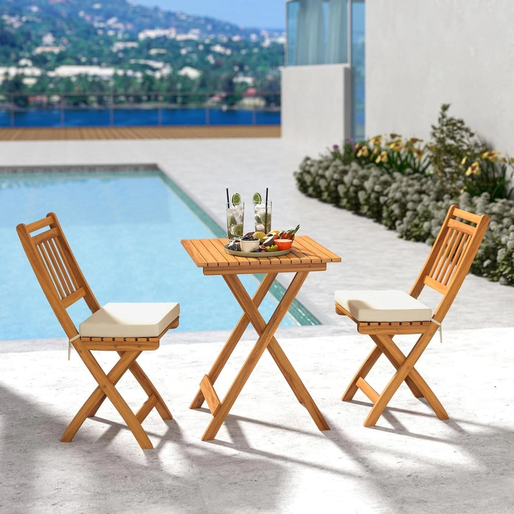 Mobili da balcone piccolo balcone, tavolo da bistrot con 2 sedie, set di mobili da giardino in legno pieghevole, set da balcone per esterni, per 2 persone, set da giardino con cuscino