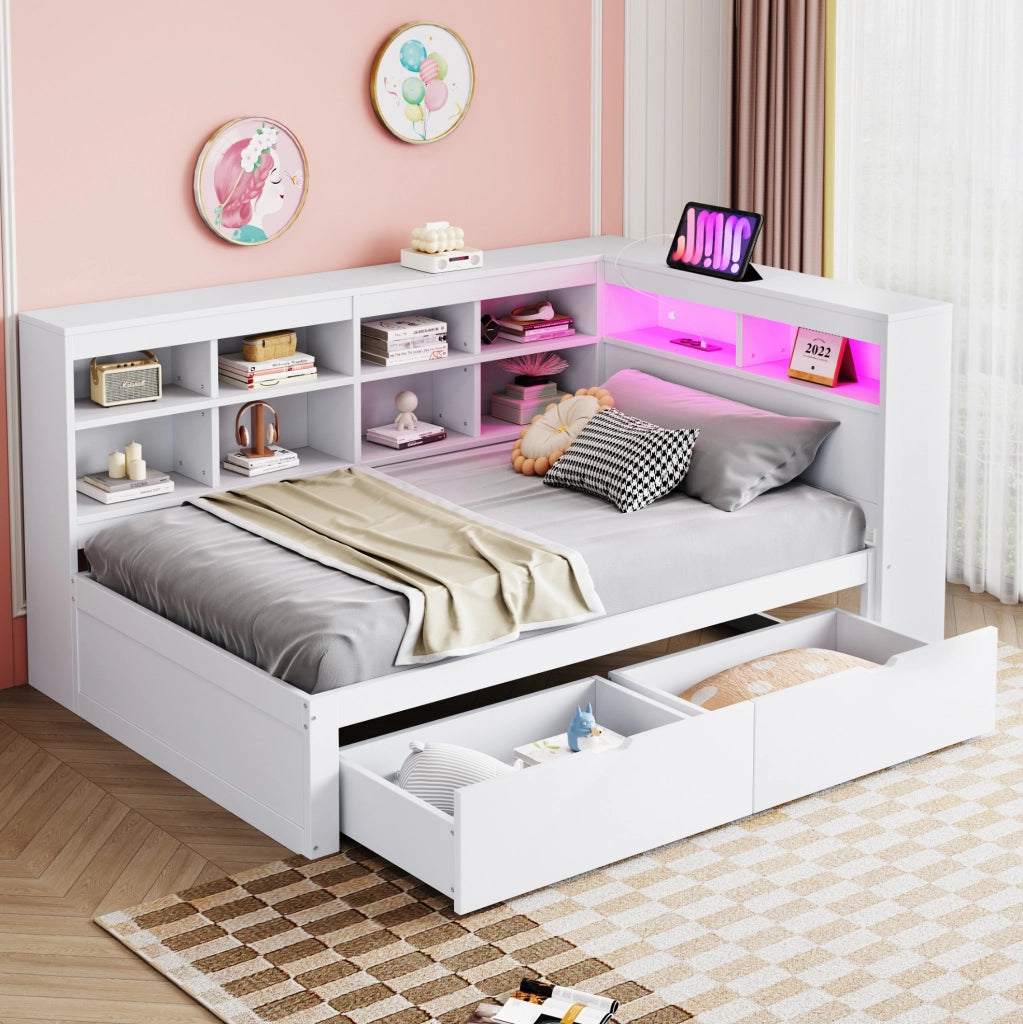 Divano letto 90x200 cm con USB; LED e vani contenitore; bianco