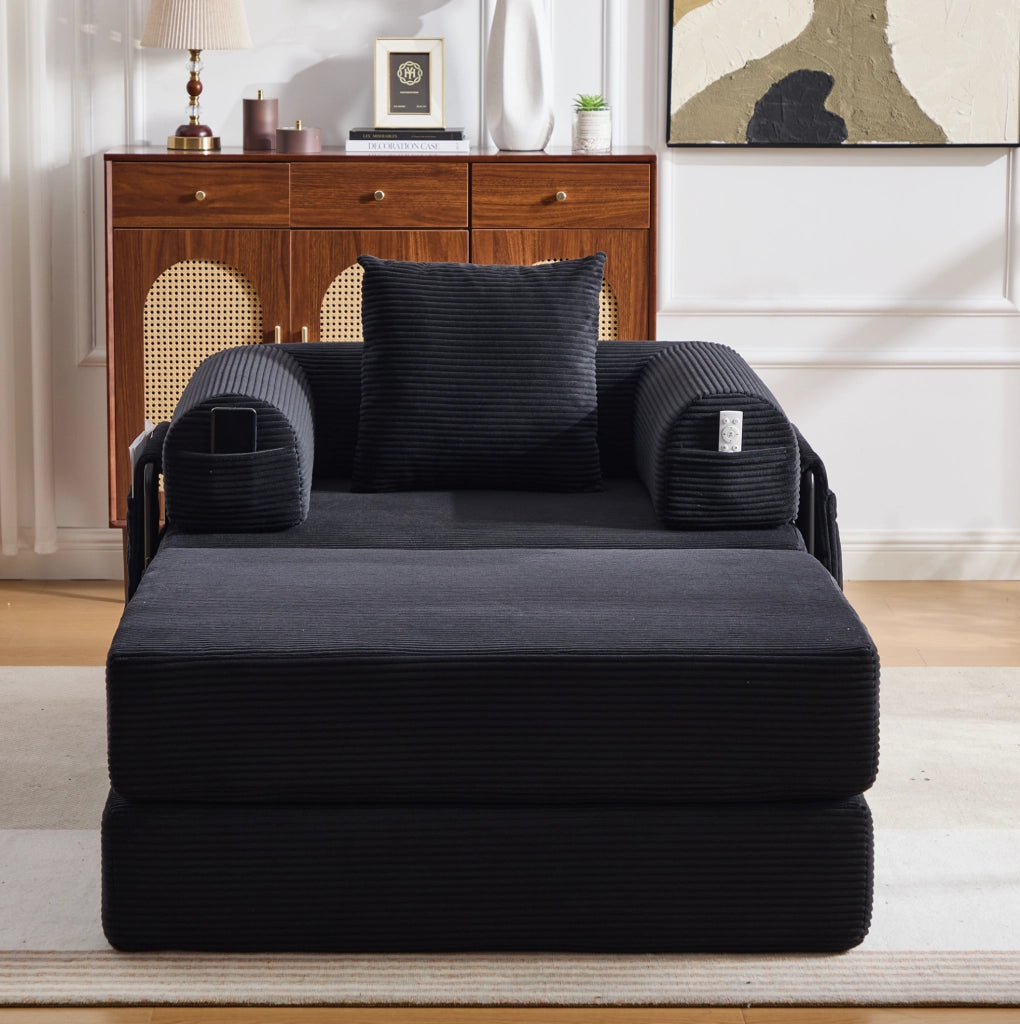 Pouf poggiapiedi in velluto a coste nero; convertibile in letto singolo; 109 x 95 x 43 cm
