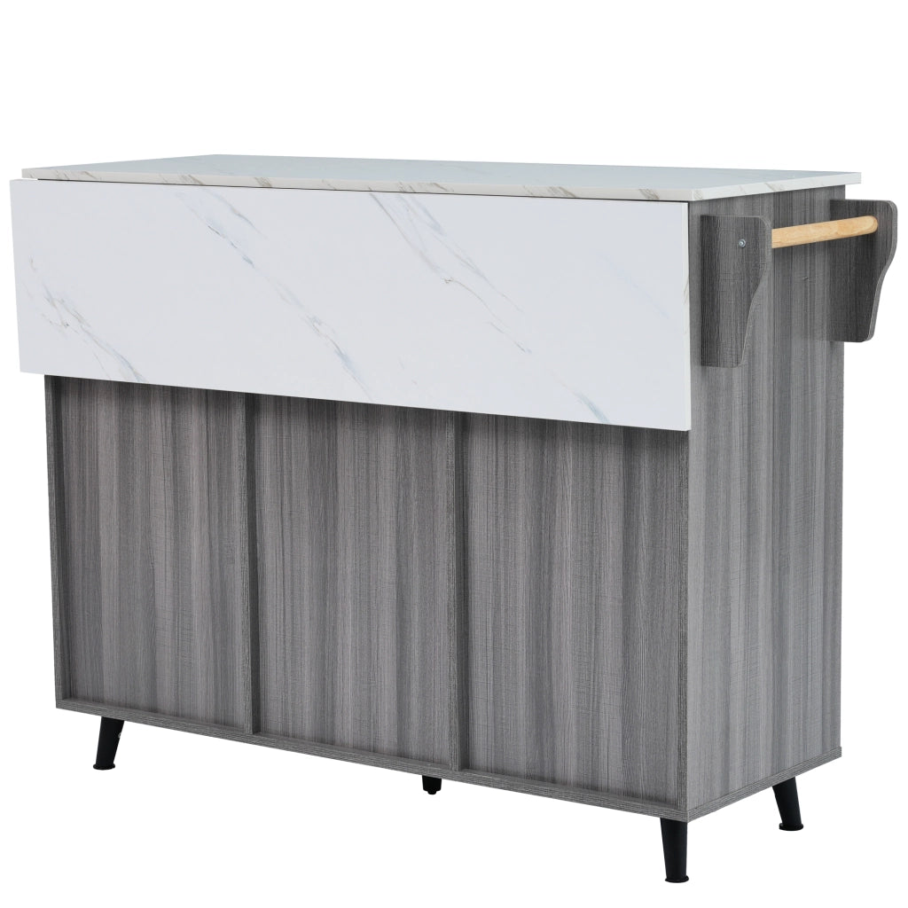Isola da Cucina Mobile 129x46/71x91;5 cm Grigio con Piano Effetto Marmo; 2 Cassetti; Ripiani e Ruote