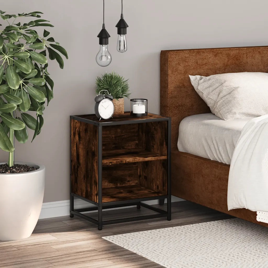 Comodino-Tavolino da notte Rovere Fumo 40x31x50 cm Legno Multistrato e Metallo 390732
