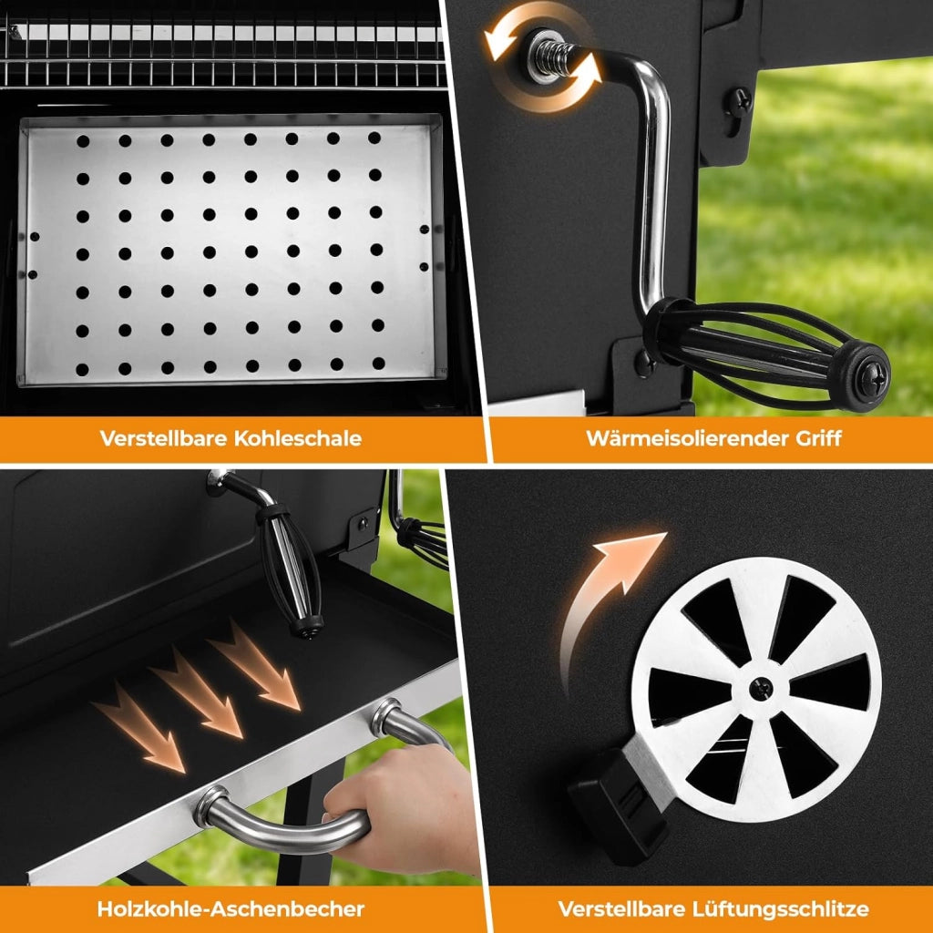 Barbecue Carbonella XXL con Coperchio, Griglia per Barbecue con Copertura Impermeabile, Ruote e Termometro, Altezza regolabile, Grande BBQ Smoke, per Campeggio, Giardino