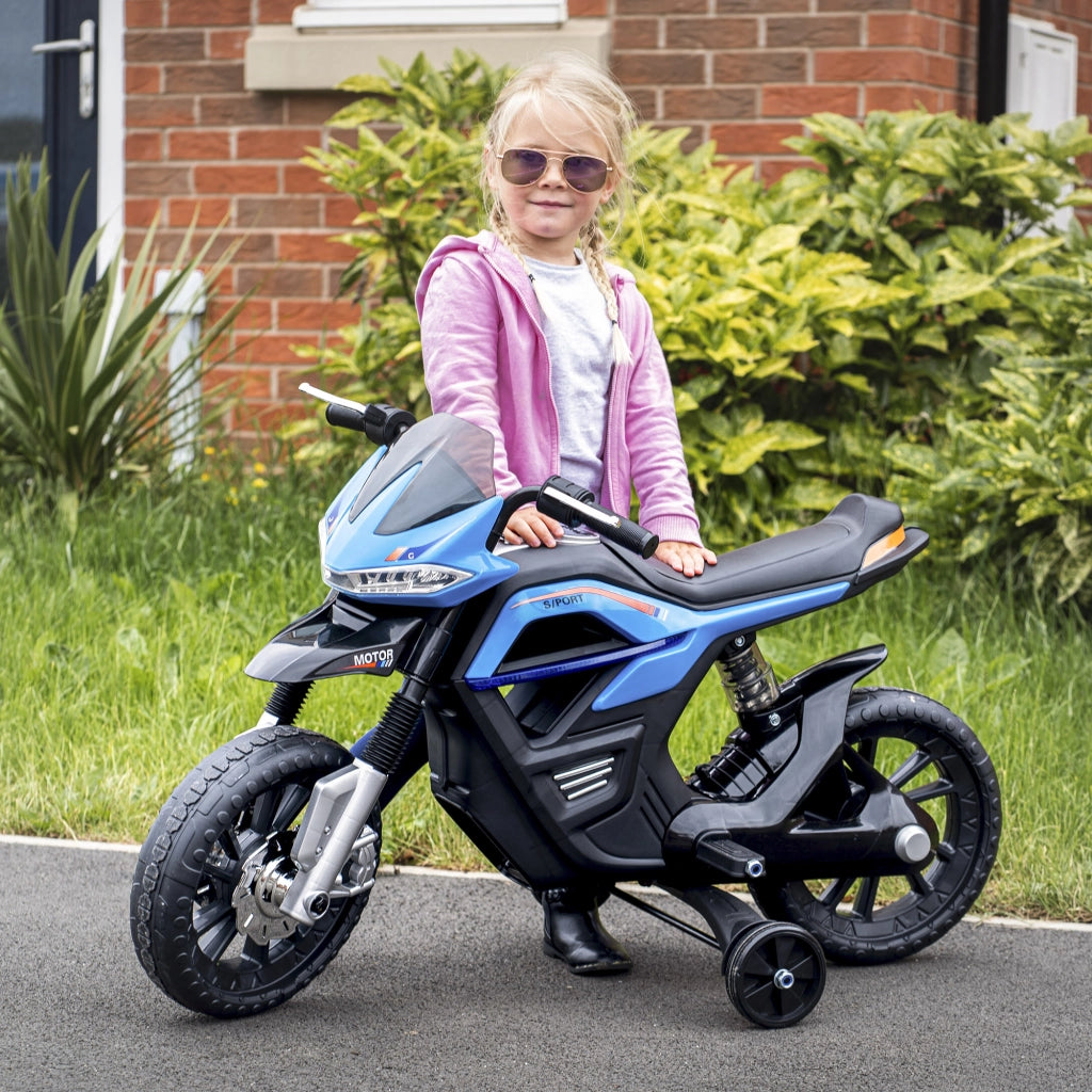Moto Elettrica per Bambini da 6V con Rotelle e Fari, in PP e Metallo, 105x52.3x62.3 cm, Azzurro e Nero