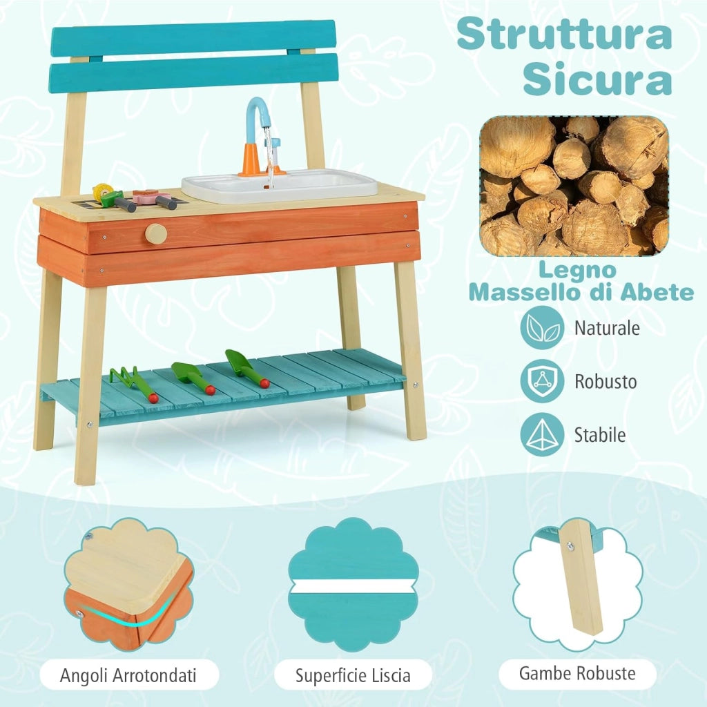 Cucina Giocattolo per Bambini, Cucinatta in Legno con Griglia, Manopola con Suoni, Cibo Giocattoloe e Lavello, Cucina di Fango Interattiva con Accessori da Giardinaggio, per Bambini 3-8 Anni