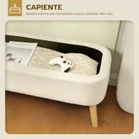 Panca Contenitore da 65L in Tessuto Teddy e Gambe in Legno, 120x42x45 cm, Beige