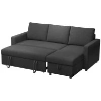 Divano angolare convertibile modulabile con chaise longue reversibile, contenitore e 3 cuscini per lo schienale, nero