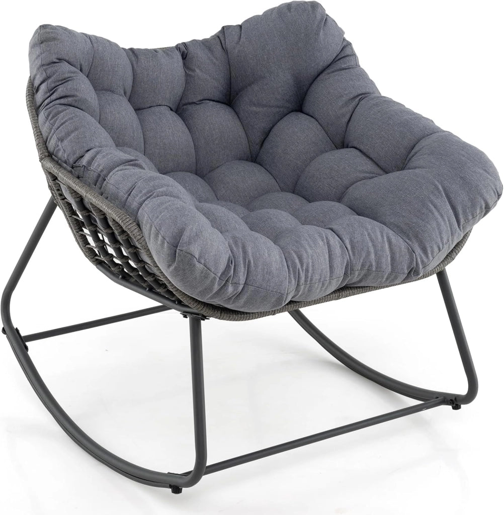 Sedia a Dondolo da Esterno, Poltrona in PE Vimini con Cuscino Rimovibile, Poltrona Relax in Rattan con Struttura in Metallo, per Soggiorno, Balcone, Giardino, Portata 150 kg (Grigio)