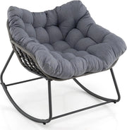 Sedia a Dondolo da Esterno, Poltrona in PE Vimini con Cuscino Rimovibile, Poltrona Relax in Rattan con Struttura in Metallo, per Soggiorno, Balcone, Giardino, Portata 150 kg (Grigio)