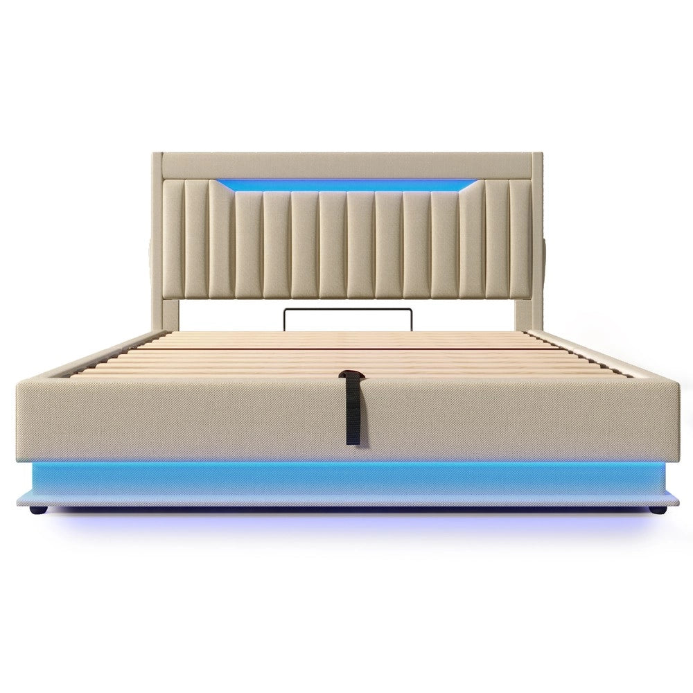 Letto Imbottito Matrimoniale Contenitore ¨C MINIMAL ¨C Testiera LED USB, Idraulico, Beige, Tessuto, 160x200