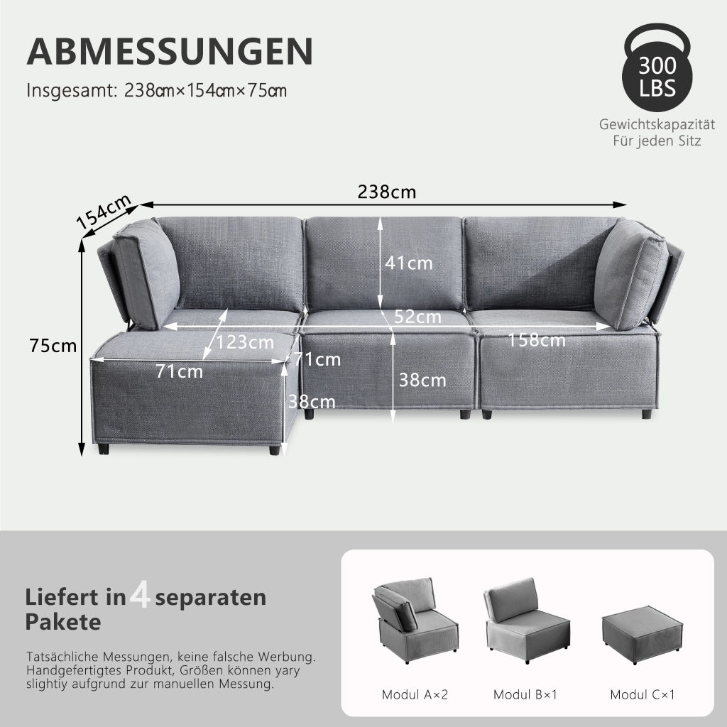 Divano modulare angolare componibile con seduta confortevole e tessuto traspirante, in grigio chiaro 238 × 154 × 75 cm