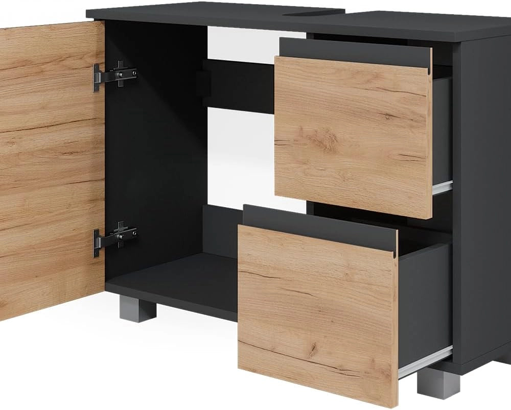 Mobile sottolavabo per bagno J-Shape, Sonoma, 80 x 60.8 cm, con intaglio per sifone per l’installazione sotto il lavandino
