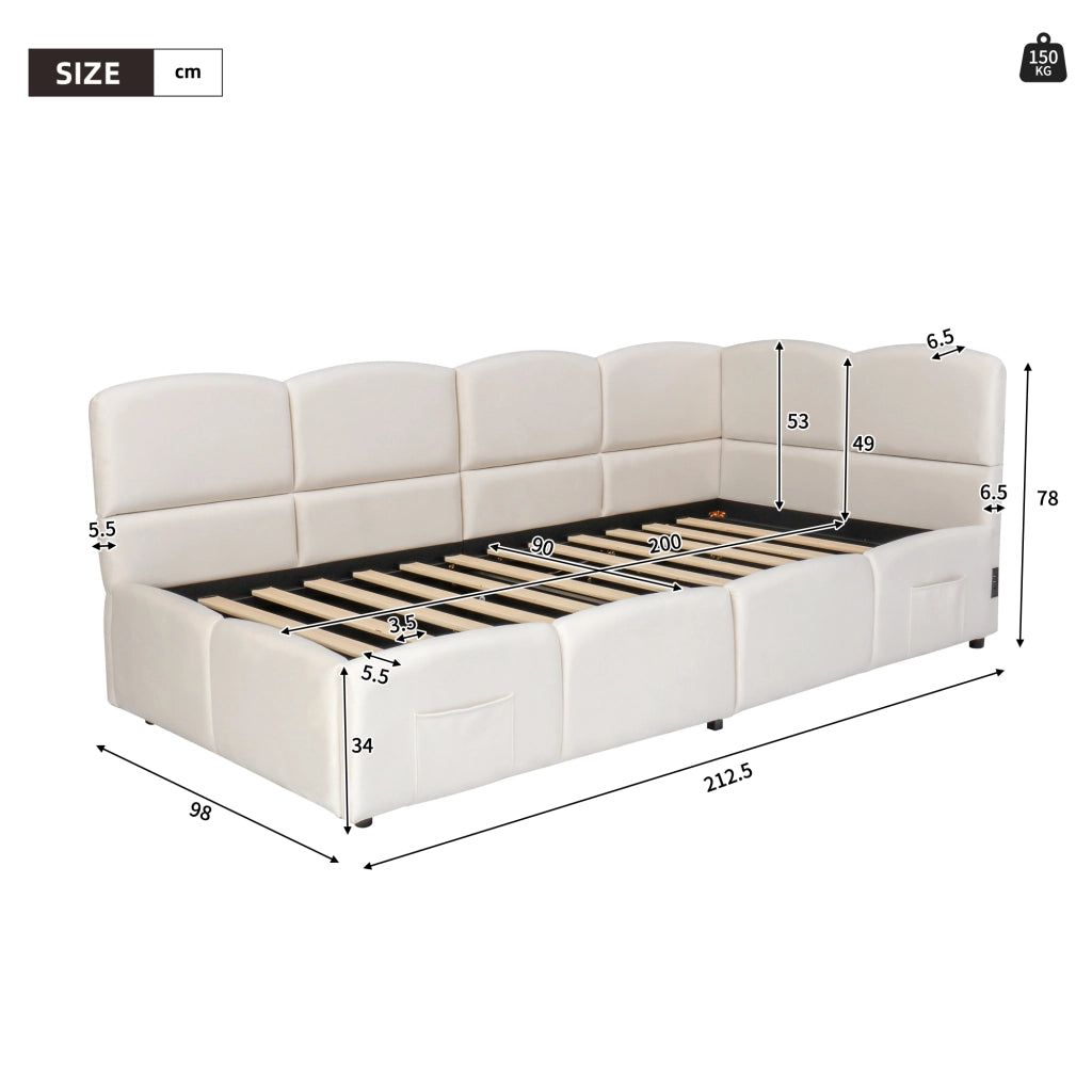 OKWISH Letto contenitore 90×200 cm, Letto Singolo con Porte USB A e USB C, Tasche Portaoggetti e Apertura Idraulica, senza Materasso, Velluto, Beige