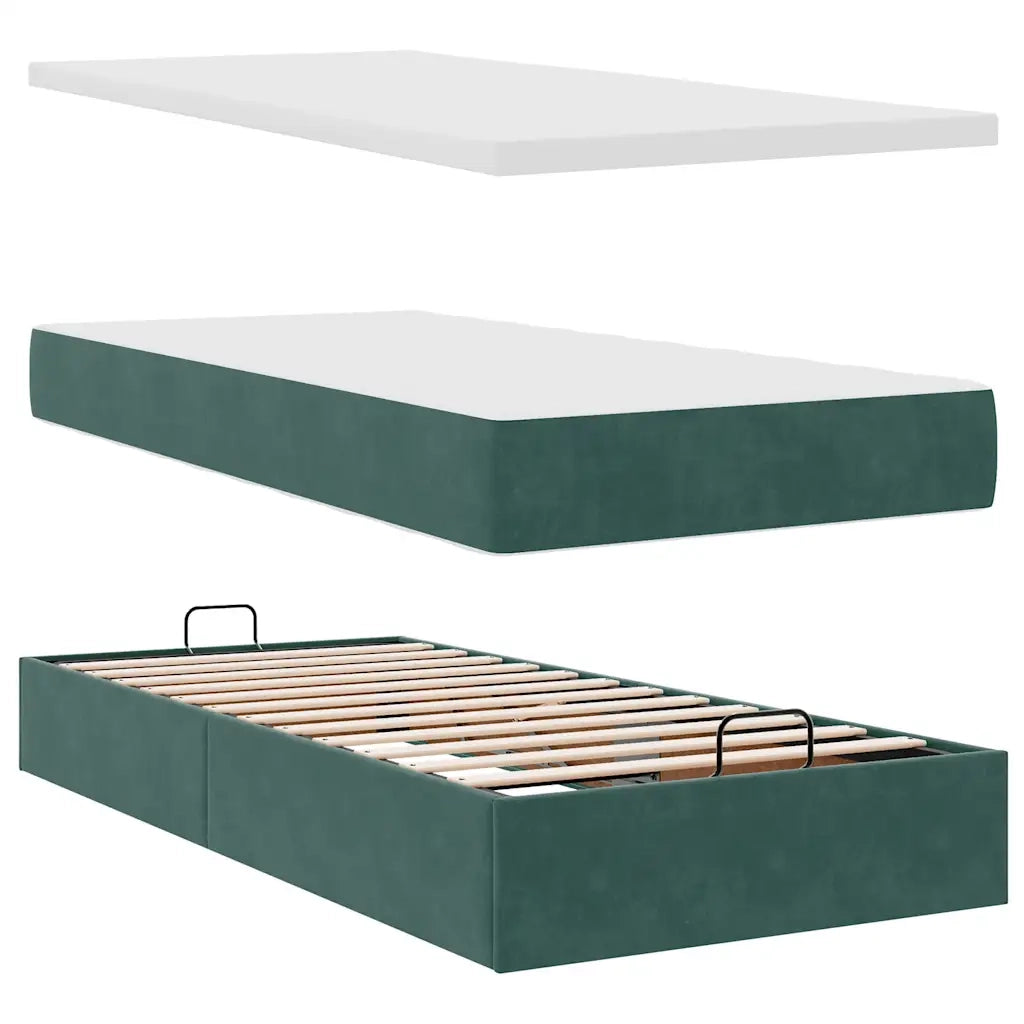 Pouf Letto con Materasso e LED Verde Scuro 90x200cm in Velluto