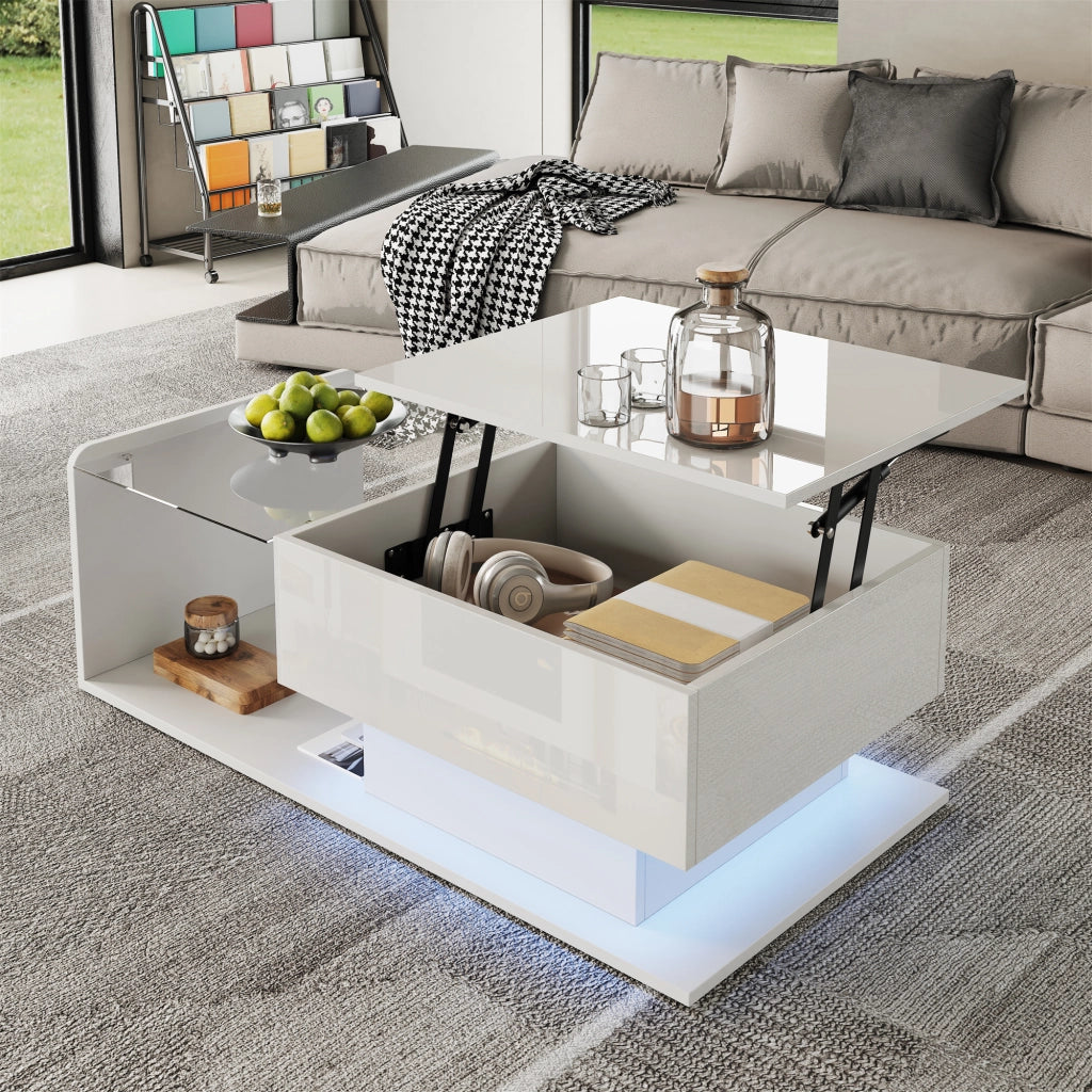 OKWISH Tavolino da Salotto Alzabile con Piano in Vetro Temperato, Vano Aperto e Chiuso, LED, per Soggiorno, 100 x 50 x 47.5 cm