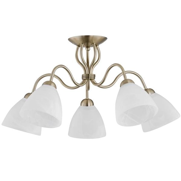 Plafoniera Ariel patinata, vetro bianco, 5xE27 Alfa