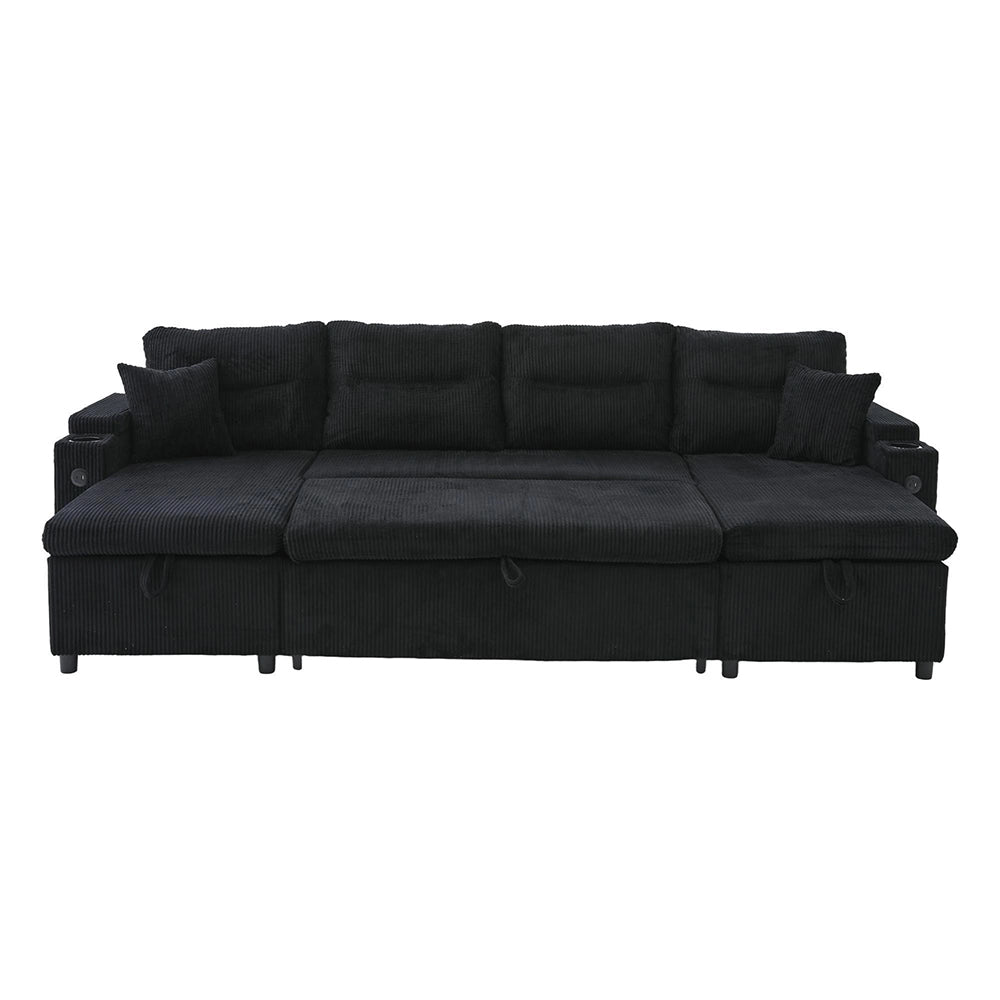 Divano moderno in velluto per 4 persone - Xylo - Chaise longue, spazio di archiviazione, porta bevande, porte USB, funzione letto, Nero