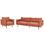 Set da salotto con divano 3 posti e poltrona  imbottita in tessuto ciniglia marrone dorato e gambe nere Stile Retrò Moderno