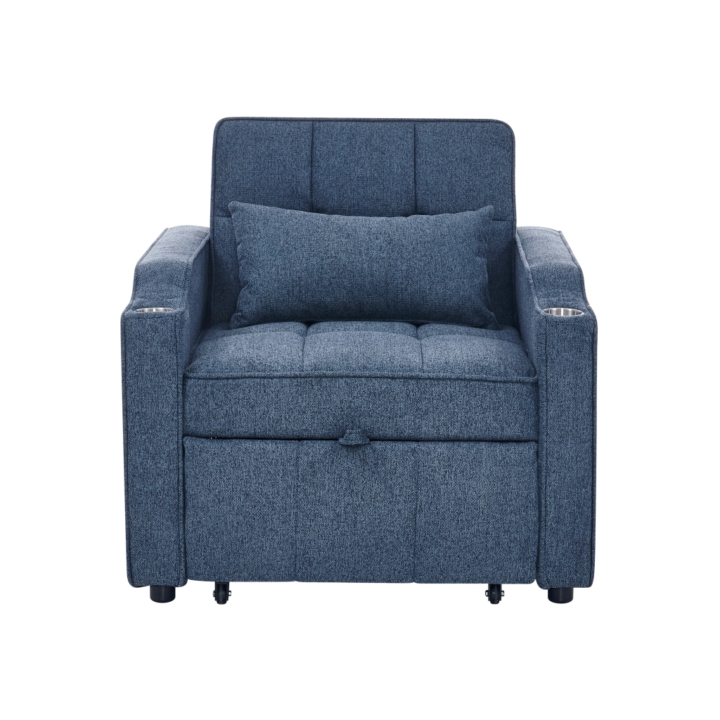 Poltrona letto 3 in 1 con USB e USB-C, schienale regolabile, portabicchieri e tasche laterali in tessuto blu navy