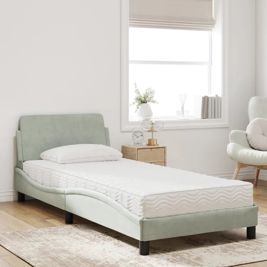 Letto con Materasso-Struttura Letto con Materasso Dover Grigio Chiaro 90x190 cm in Velluto