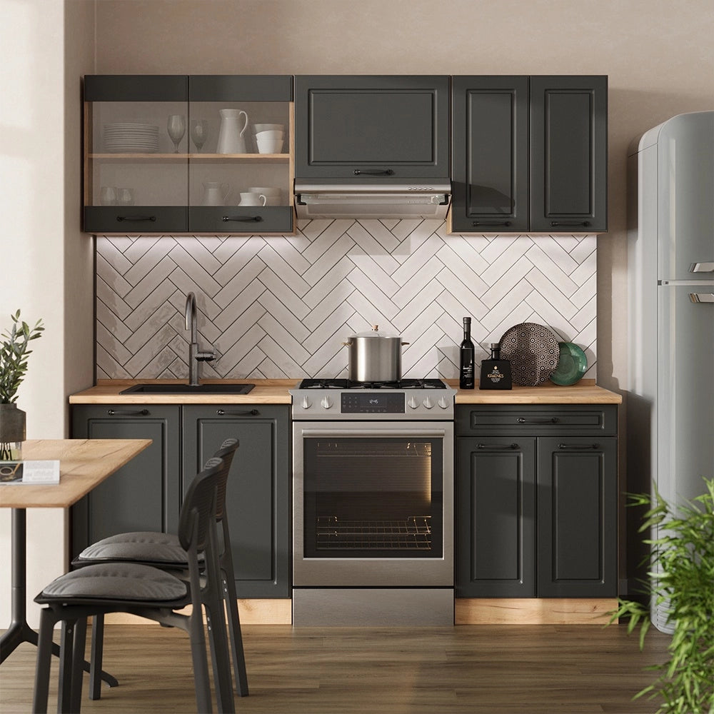 Cucina componibile R-Line Antracite rustico/Rovere dorato 200 cm, PL Marmo Vicco
