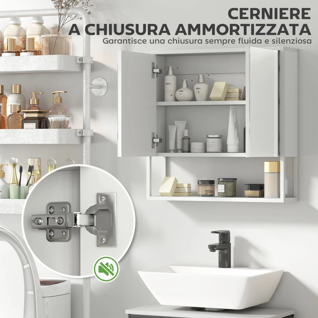 Mobile Bagno a Parete 60x16x60 cm con Specchio Armadietto e Ripiano Aperto in Legno Bianco
