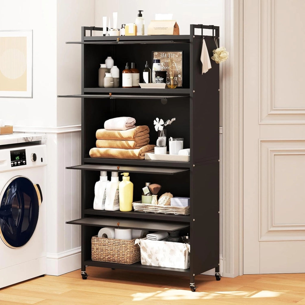 Mobiletto da Cucina a 5 Ripiani su Ruote, Armadio da Cucina con Ante a Ribalta e 4 Ruote Universali, Supporto per Microonde con Kit Anti-Ribaltamento, 80,5x40x162 cm (Nero)