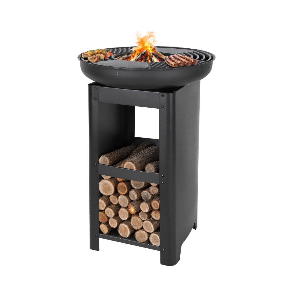 Barbecue a Legna e Carbonella con Cottura a Piastra e Griglia Ø58 cm, Braciere da Giardino con Porta Legna, BBQ Design Moderno da Esterno