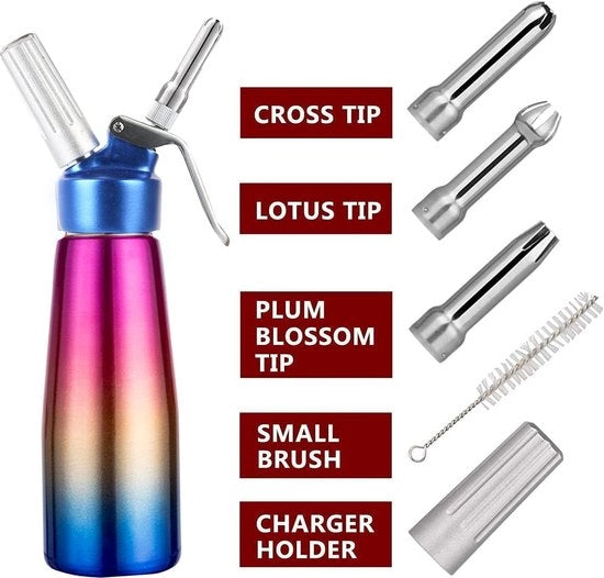 Dispensatore di Creme in Acciaio Inossidabile 500 ml - Professionale - 3 Bocchette di Spruzzo - Spazzola di Pulizia - Accessorio da Cucina per Dessert