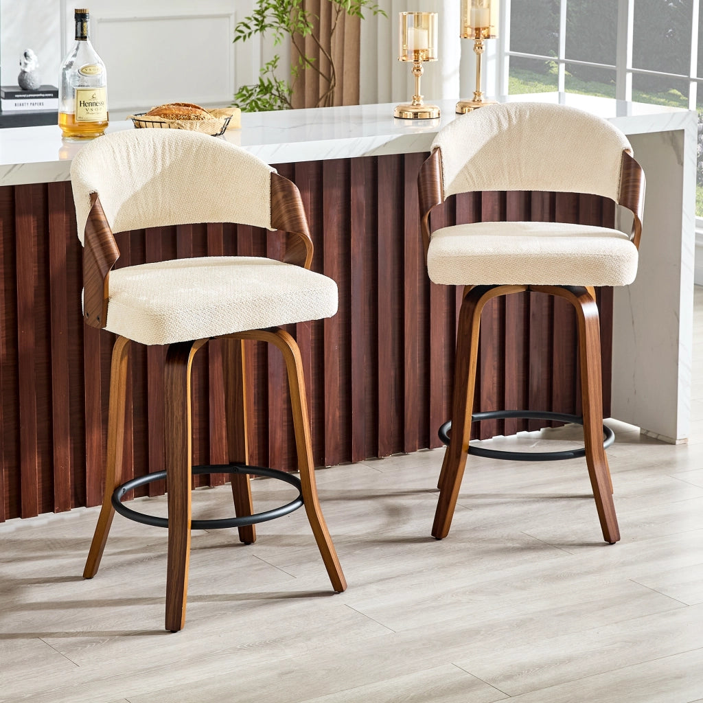 Sgabello da bar set da 2 con schienale e anello poggiapiedi, in legno e tessuto bianco 66 × 56 × 55 cm