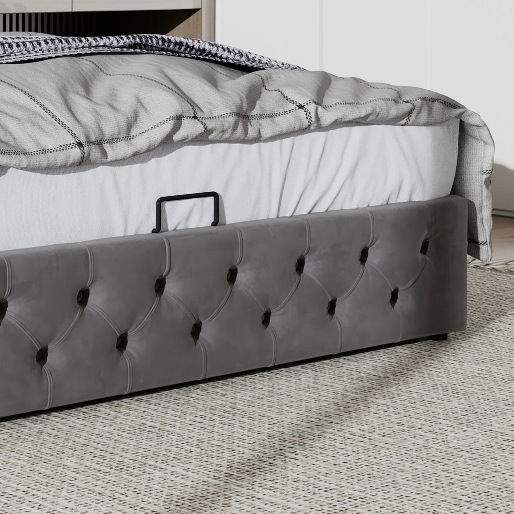 Letto imbottito grigio in velluto con vano contenitore 140 x 200 cm