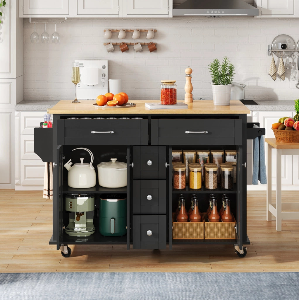 Carrello cucina mobile nero/naturale con piano pieghevole e cassetti