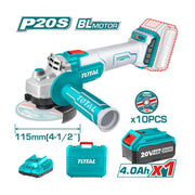 SMERIGLIATRICE ANGOLARE 115mm 20V + BATTERIA 4Ah + 10 DISCHI PER METALLO TOTAL TOTTAGLI2011587
