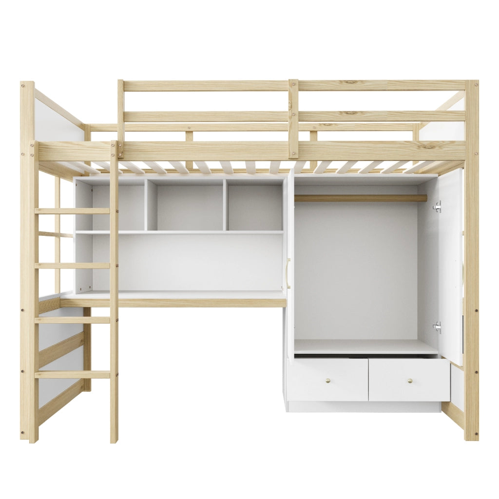 LETTO A SOPPALCO 90 x 200 cm con scrivania, armadio e cassetti, legno naturale