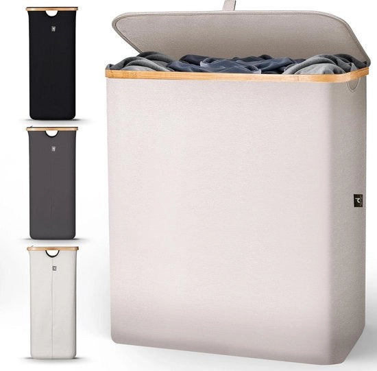 Lavatrice a 140L - Coperchio, 2 Cassetti - Lavatrice per Bagno e Camera - Lavatrice Moderna - Maniglie in Gomma - Pieghevole - Lavatrice in Bambù - Beige