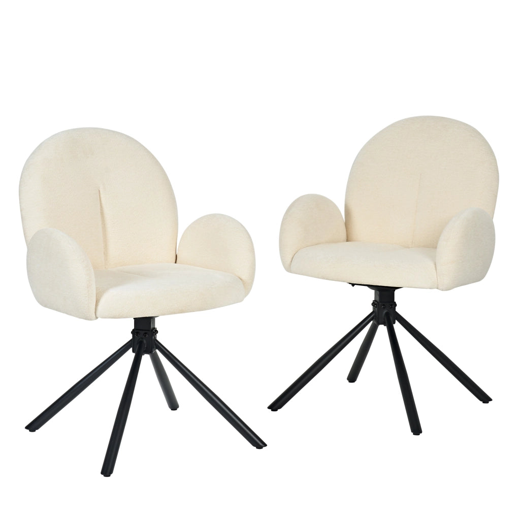 Set di 2 sedie girevoli con braccioli in chenille e gambe in metallo; bianco crema