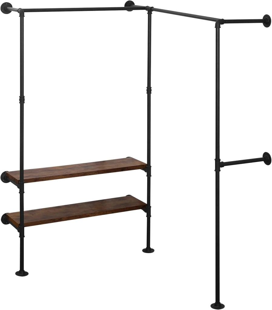 Appendiabiti Industriale e Vintage per Camera da Letto, Guardaroba per Cabina Armadio a Muro, Porta Abiti in Tubi d'Acciaio e 2 Ripiani sheiin Legno, Nero+Marrone