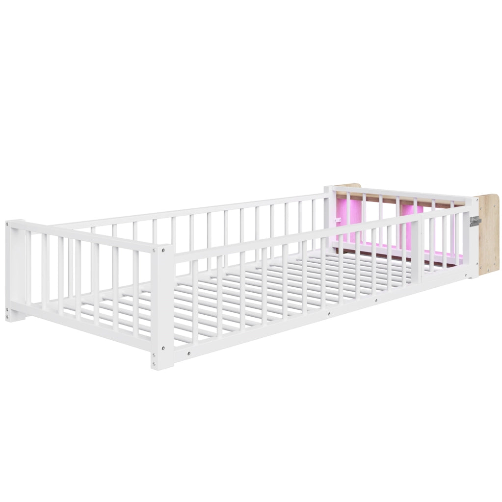Letto singolo 90x200 cm con protezione laterale; ripiano aperto e LED; bianco in metallo e MDF