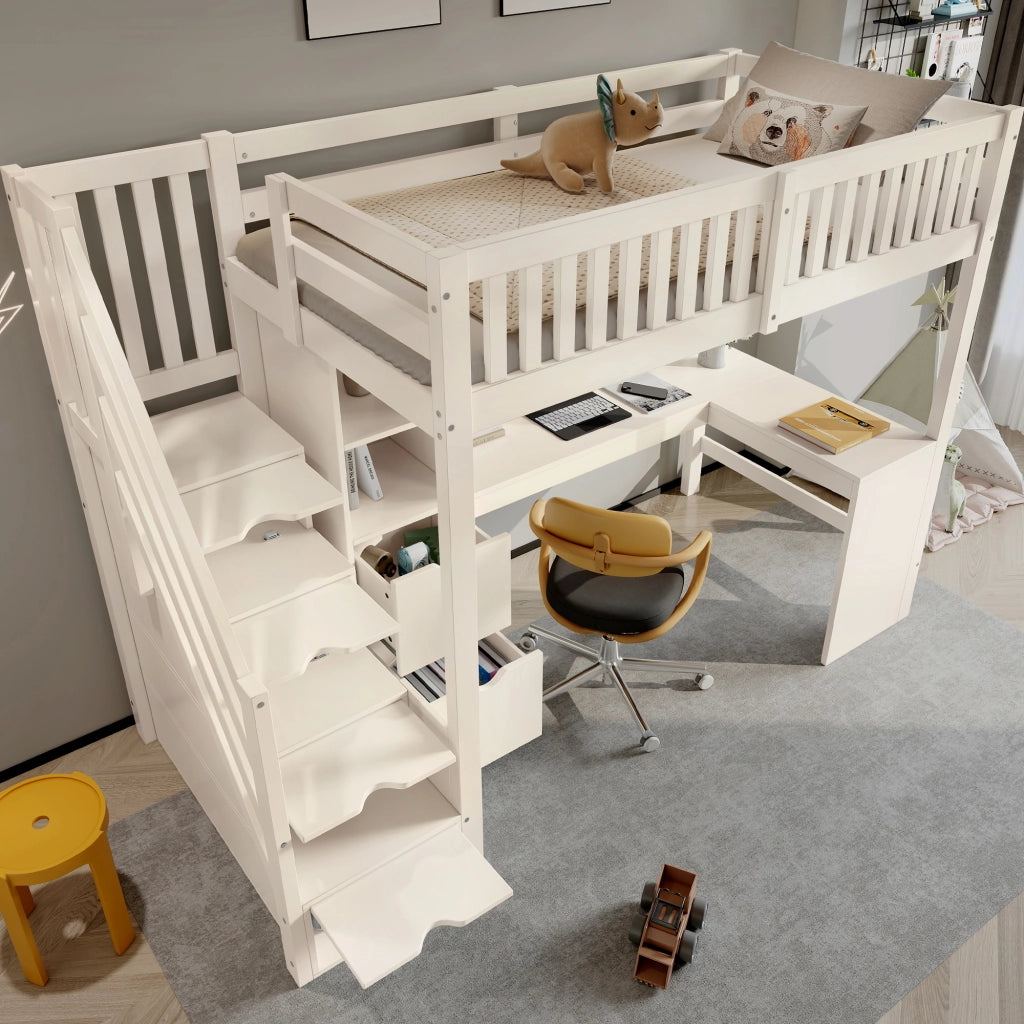 Castello in legno 90x200 bianco scala con armadio scrivania angolare cassetti
