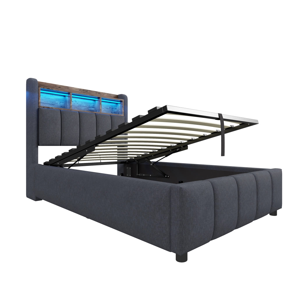 Letto imbottito singolo 90x200 cm con contenitore idraulico, LED RGB, USB e testiera con ripiani, grigio