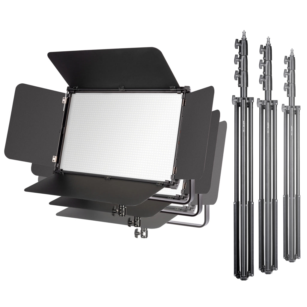 3x LED Niova 150-F Pro luce d'area incl. treppiede per lampada, luce d'area da 150 W con bicolore, luminosità della luce da studio dimmerabile, luce video con radiocomando