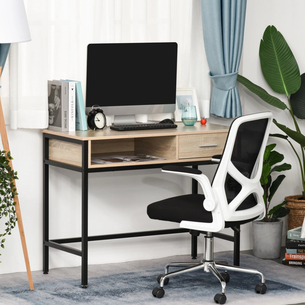 Scrivania con cassetto ¨C zephmum ¨C Legno Rovere Chiaro, Telaio Metallo Nero, 100x50x75 cm