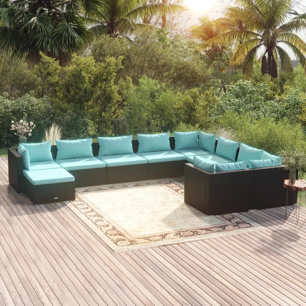 Set Divani da Giardino 10 pz con Cuscini in Polyrattan Nero cod mxl 35105
