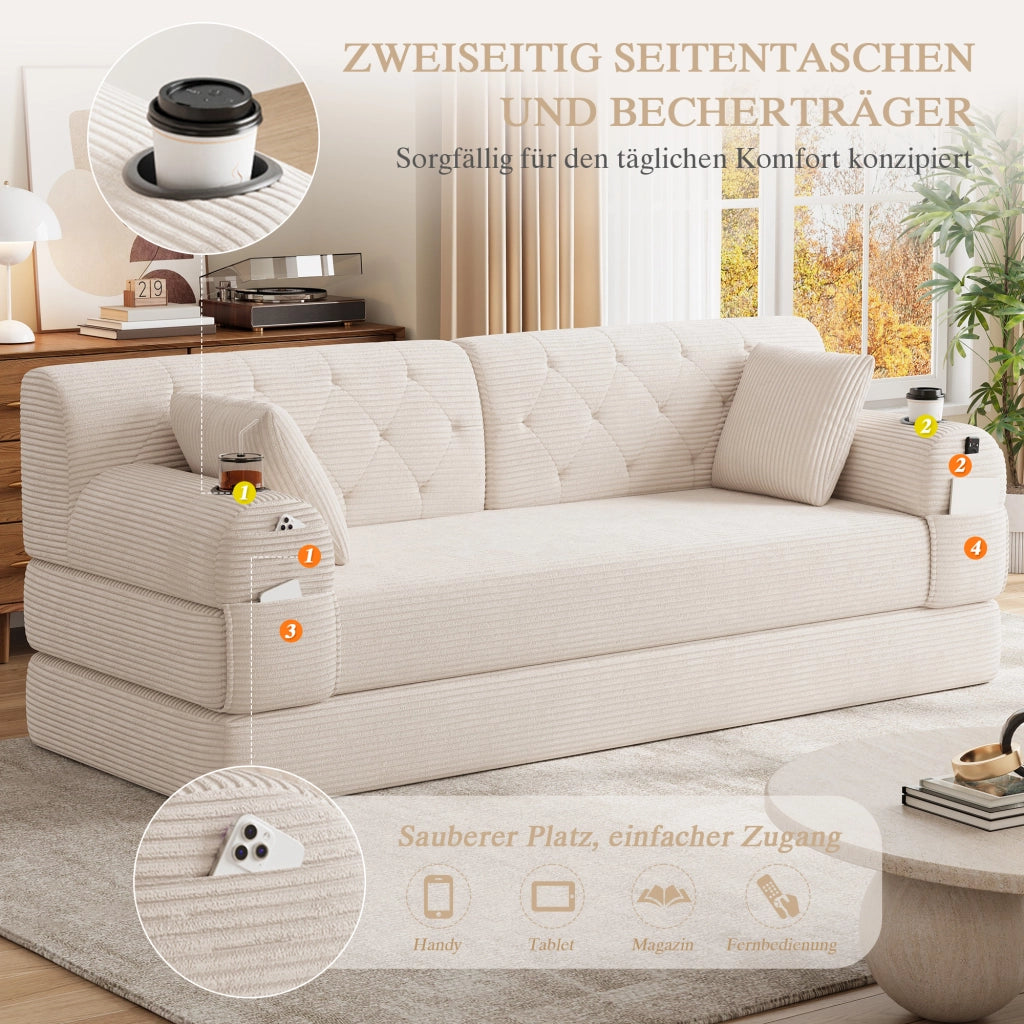 Divano letto a 3 posti in velluto a coste con schienale alto, 4 tasche e 2 portabicchieri, senza montaggio, beige