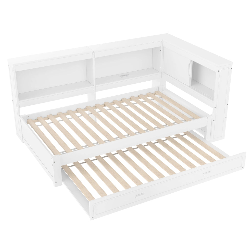Letto estraibile singolo 90×200 cm con LED; presa; USB; Type-C e ripiani; senza materasso; bianco
