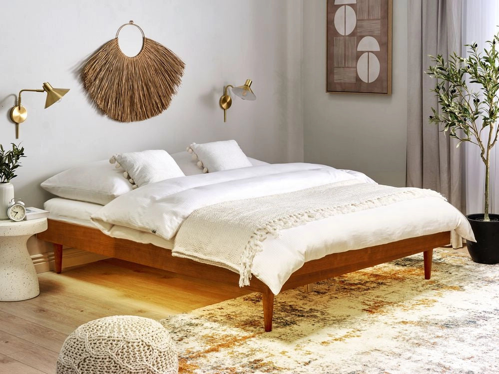 Letto in frassino marrone 160 x 200 cm con rete a doghe senza testata LED stile rustico minimalista