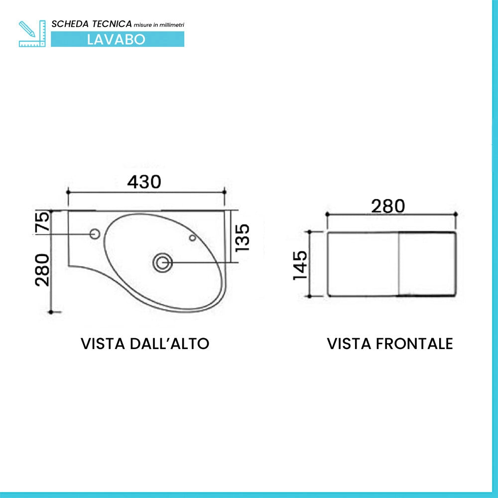 Lavabo sospeso in ceramica 43x28 con foro rubinetteria e troppo pieno
