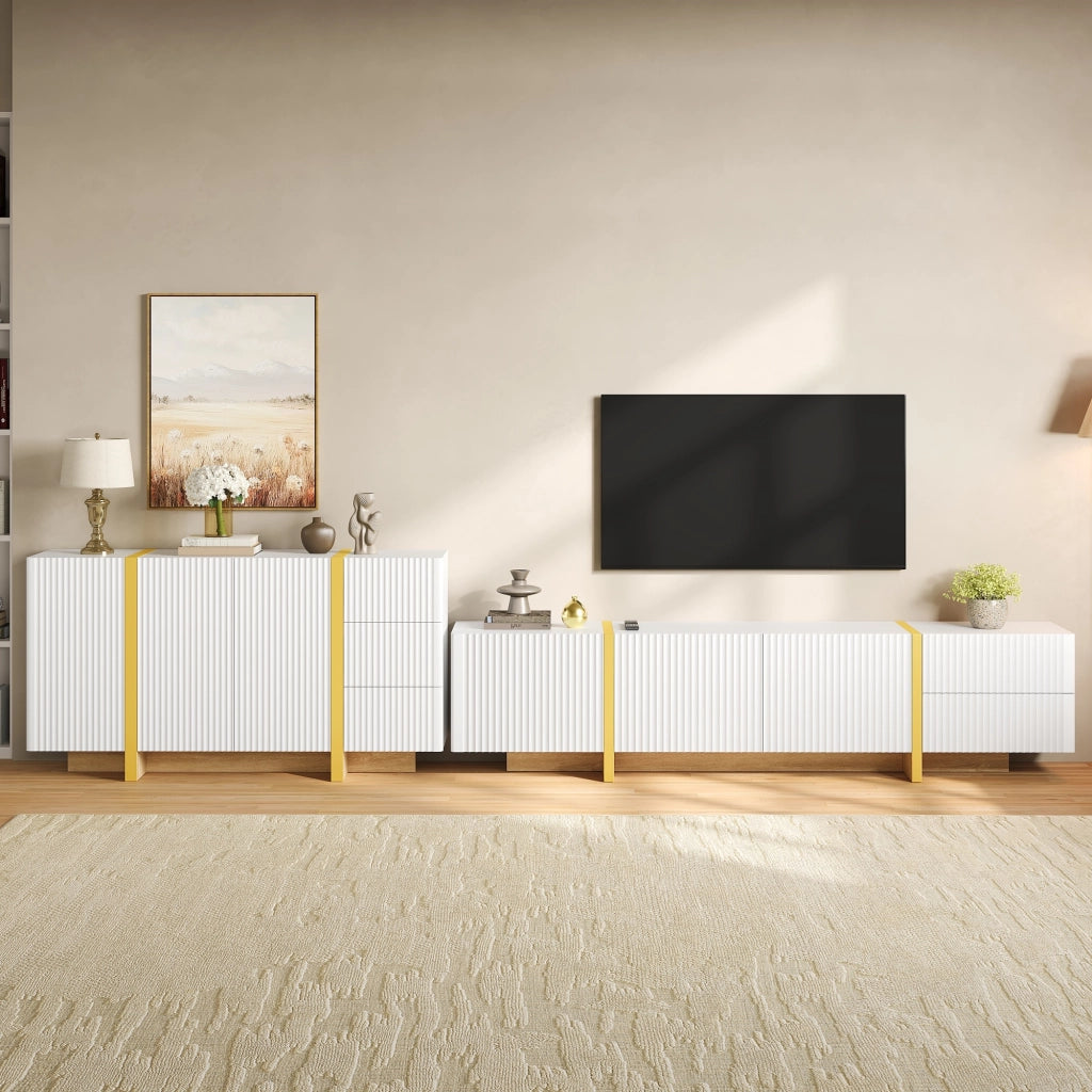 Combinazione mobile TV e sideboard bianca con frontali scanalati in MDF e pannello truciolare