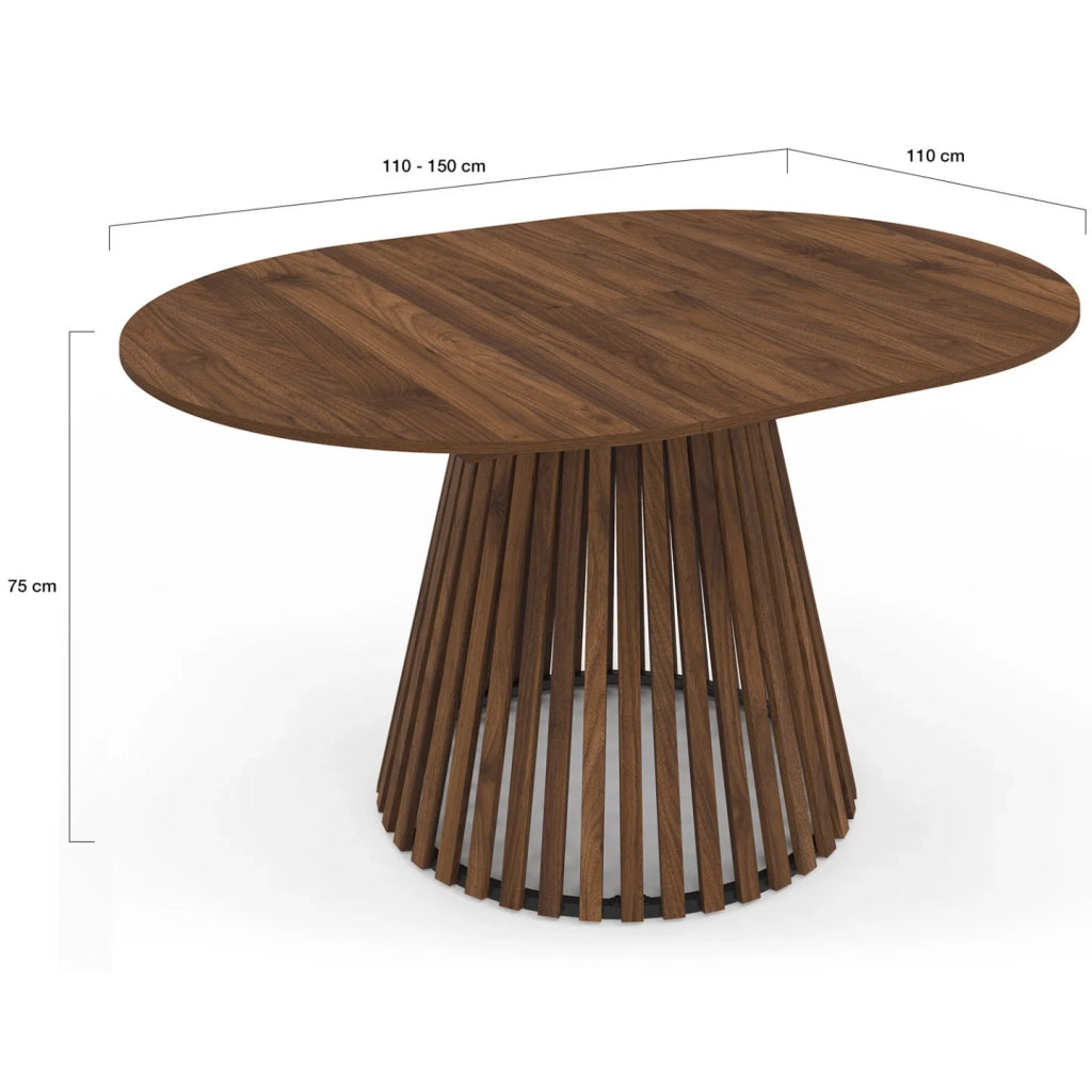 IDMarket - CARMEN tavolo da pranzo rotondo allungabile 4-8 persone con gamba a doghe in noce e piano in noce 110 - 150 cm
