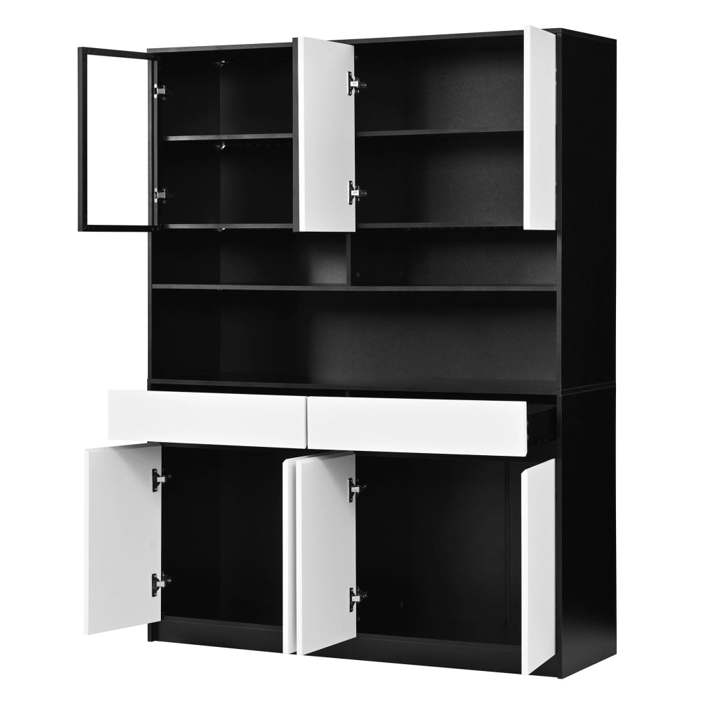 Credenza alta LED con 8 ante, 2 cassetti e ripiani aperti per cucina, in MDF nero e bianco, 120 × 38 × 160 cm